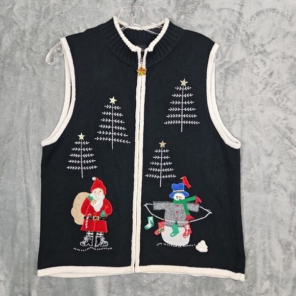 Designers Original Women's Lg Christmas Vest black multicolored  santa snowman - Picture 1 of 11